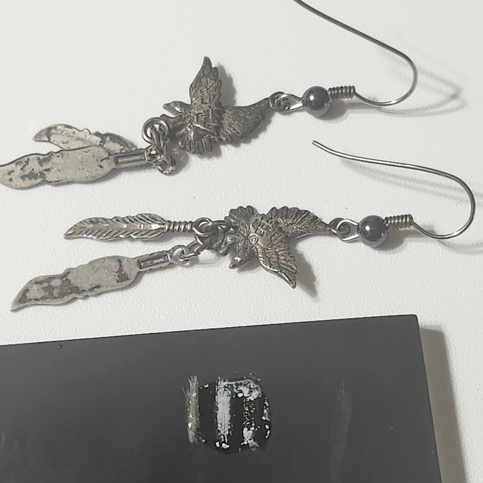 Sterling Silver Eagle Feather Dangle Earrings Bird Western Hook Pierced 5.59g
