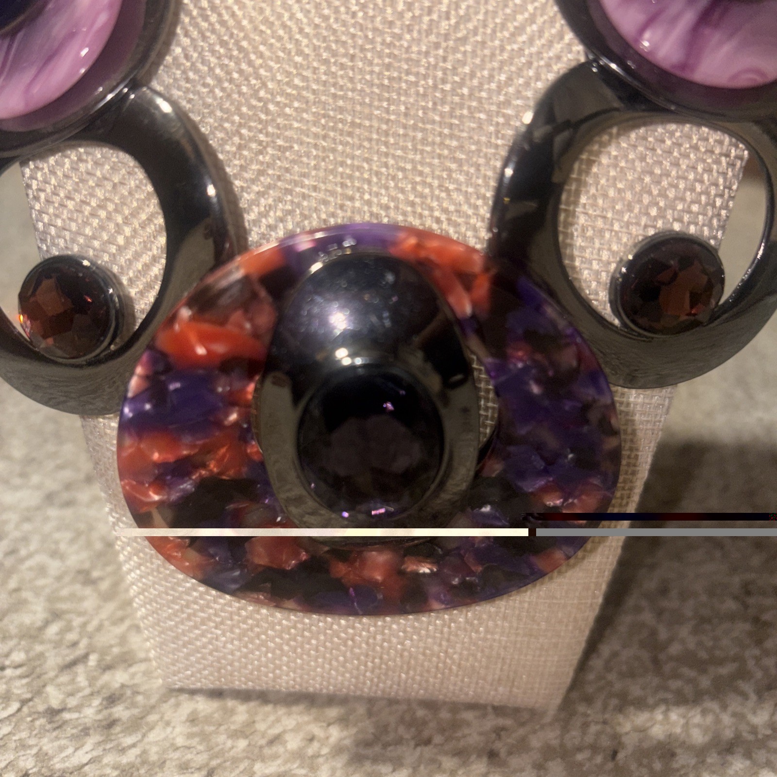 Chunky Purple Resin Statement Necklace- Marbled Geometric Bib Choker Silver Tone