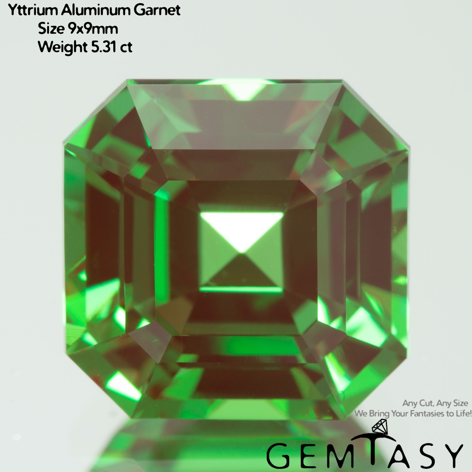 Cut stone – YAG Green-Red Czochralski (Pulled) lab grown, 9x9mm 5.18-5.42ct