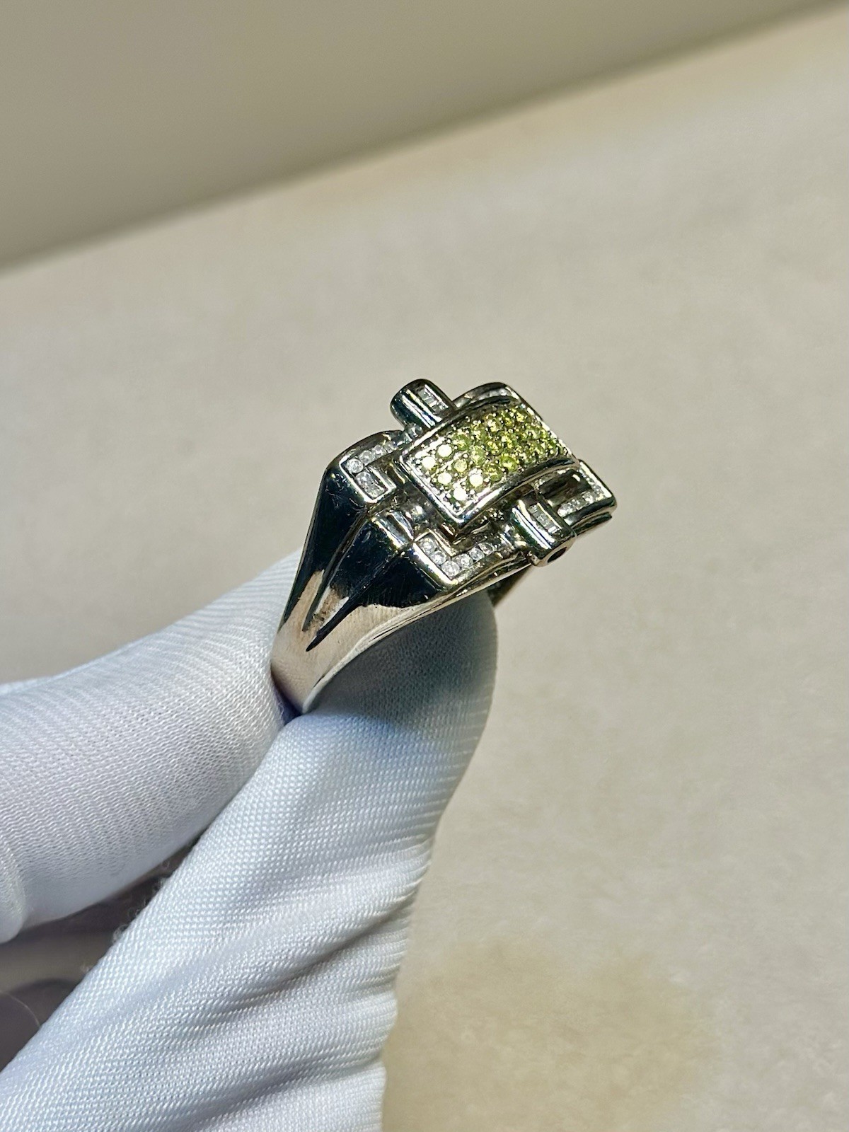 14K White Gold Fancy Yellow Diamond Geometric Ring -Approx 1.50 CTW – 14.8 Grams