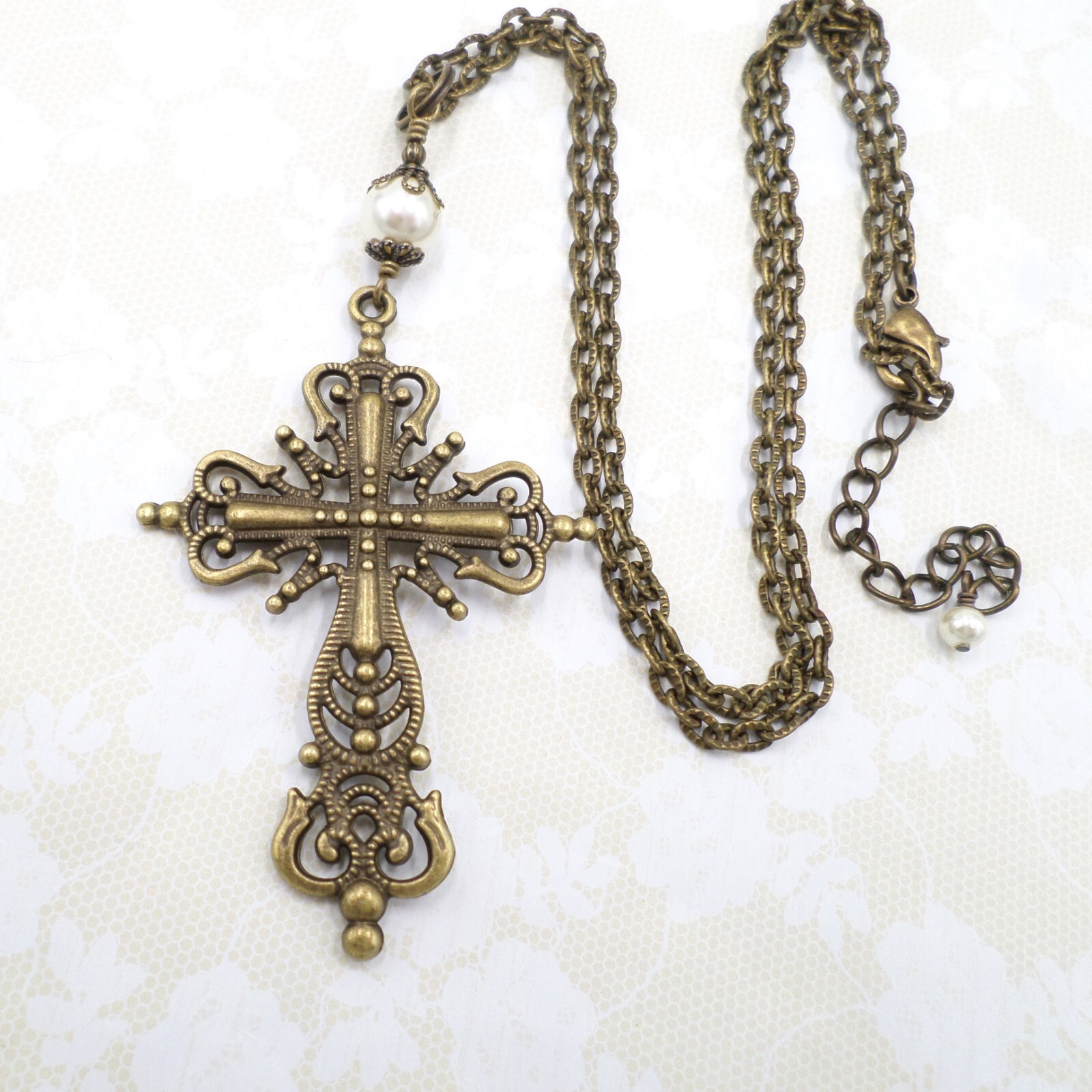 Cross Necklace Large Filigree Bronze Brass Religious Long Layering Jewelry Gift
