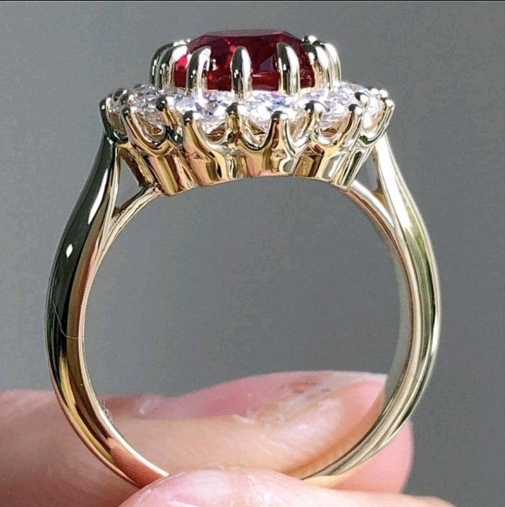 Gold-Plated Zinc Ring Red Oval CZ With White/Colorless Inlay Size 7