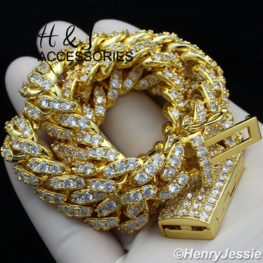 MEN 14K GOLD PLATED 18″-24″X12MM GOLD CZ PRONG SET CURB CHAIN NECKLACE*ABGN5