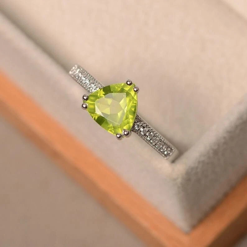 2.15 Ct Trillion Natural Peridot Diamond Engagement Ring 14k White Gold All Size
