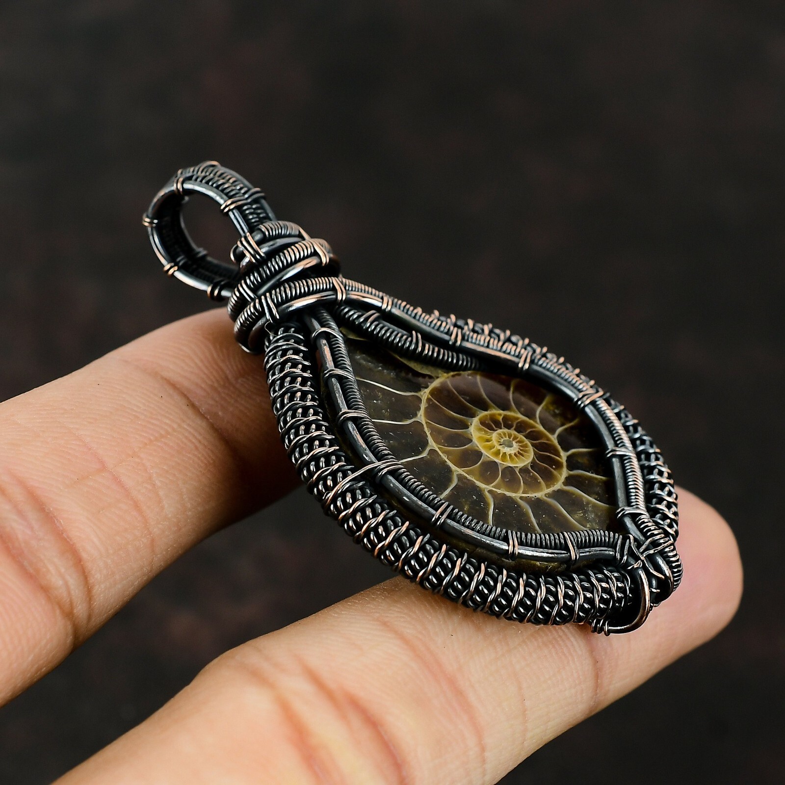 Ammonite Fossil Jewelry Copper Gift For Sister Wire Wrapped Pendant 2.56″