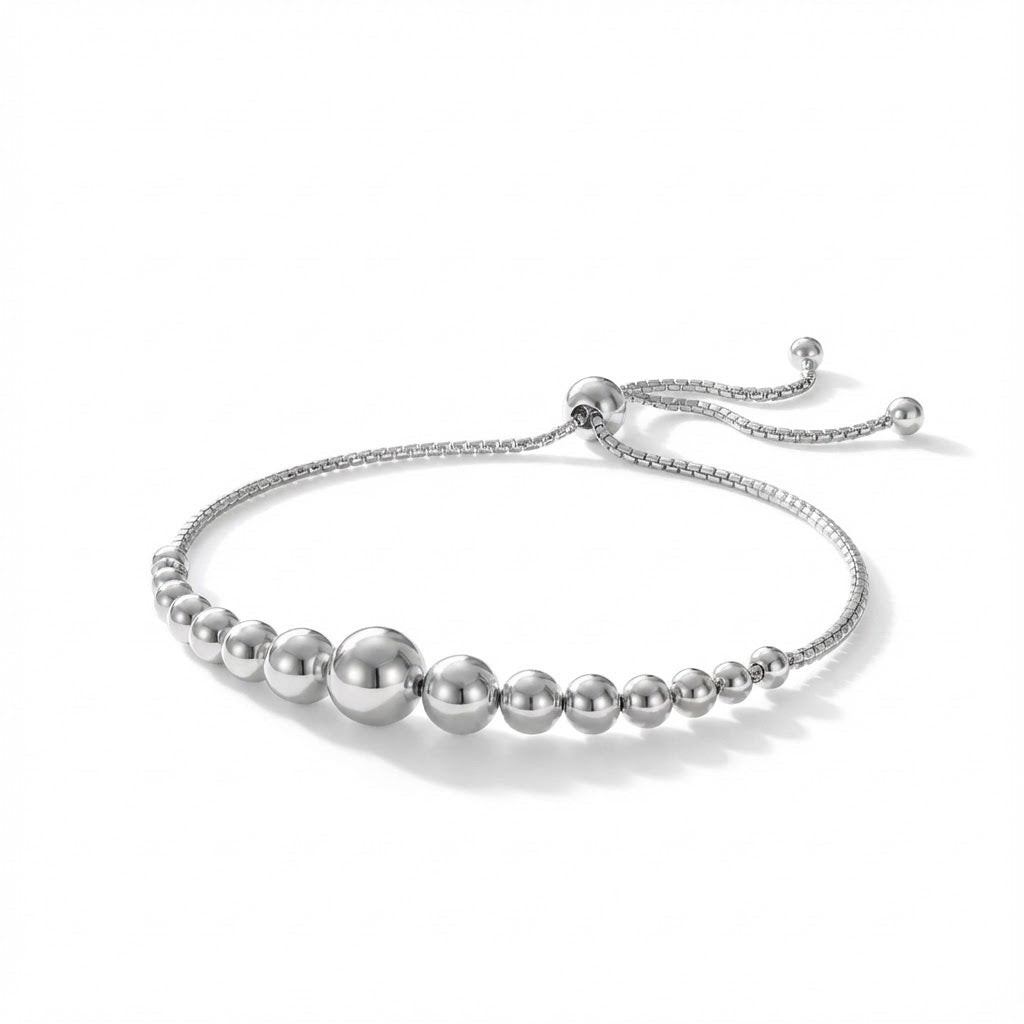Graduated Bead Bolo Bracelet Rhodium Plated 925 Silver Italy Adjustable 9in