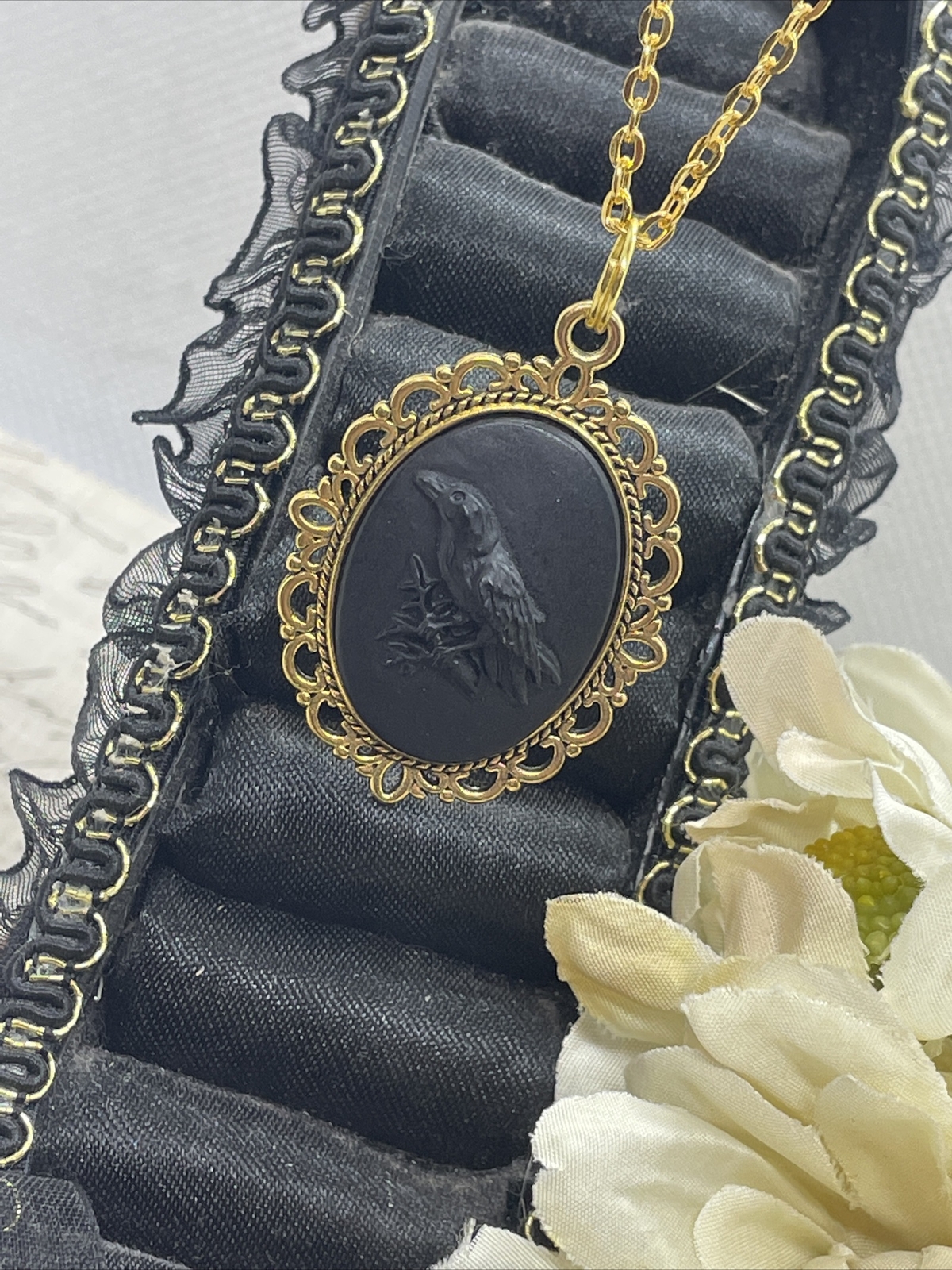 Black Crow Raven Gothic Steampunk Cameo Necklace Mens Womens Gift Wedding Gold T