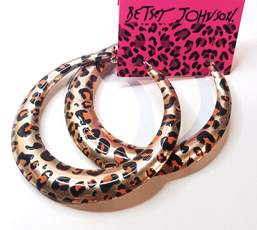 Big LEOPARD Animal Print HIP HOP Gold HOOP Leverback Betsey Johnson Earrings