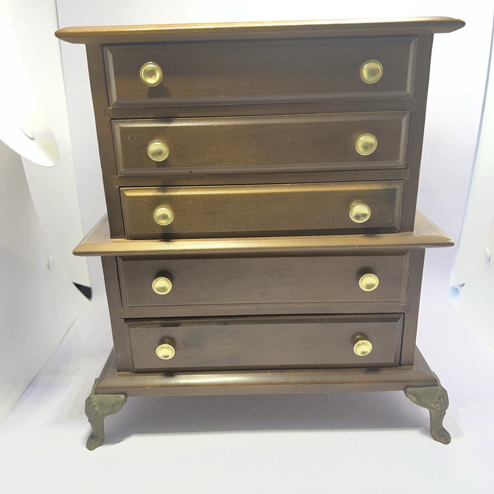 Vtg Queen Anne Style Wooden Music 5 Drawer Jewelry Box red velvet brass legs