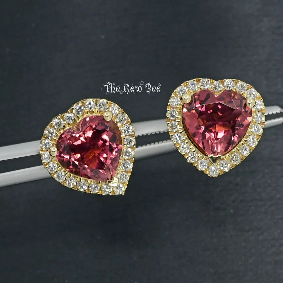 11.6mm 14k Yellow Gold 3.22CT Pink Tourmaline Heart Diamond Halo Ear Stud Post