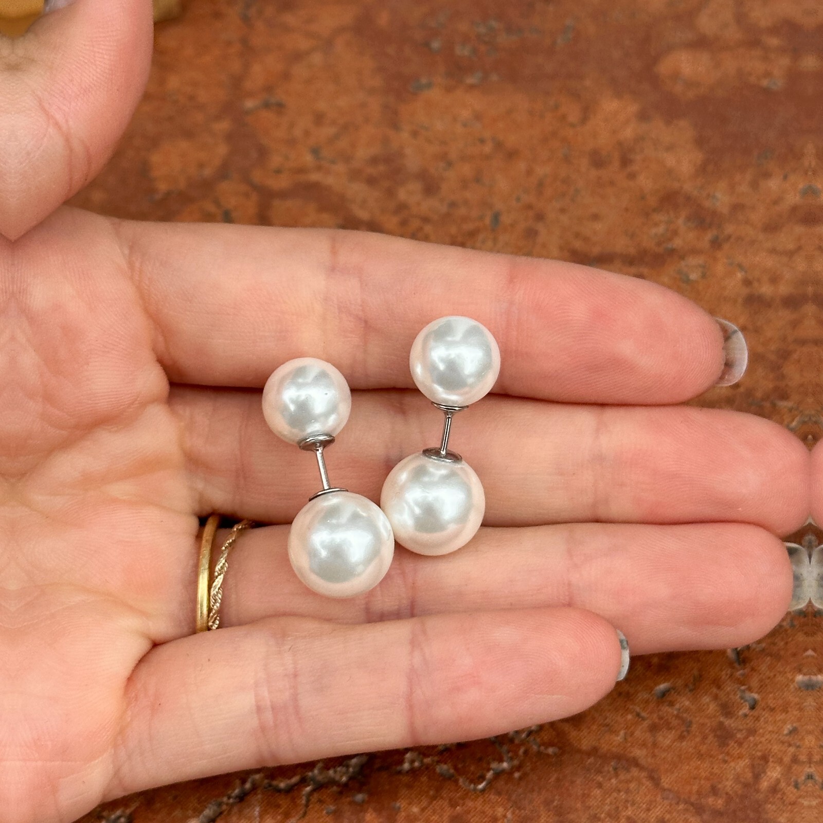 Sterling Silver Double-Ended White Double Pearl Ball Stud Earrings NEW
