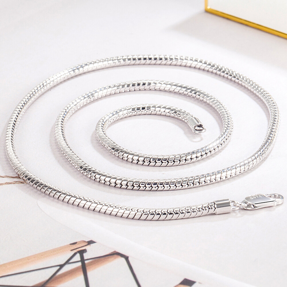 925 Sterling Silver Sizes 18 to 30 Inch Round Snake Necklace for Women & Men