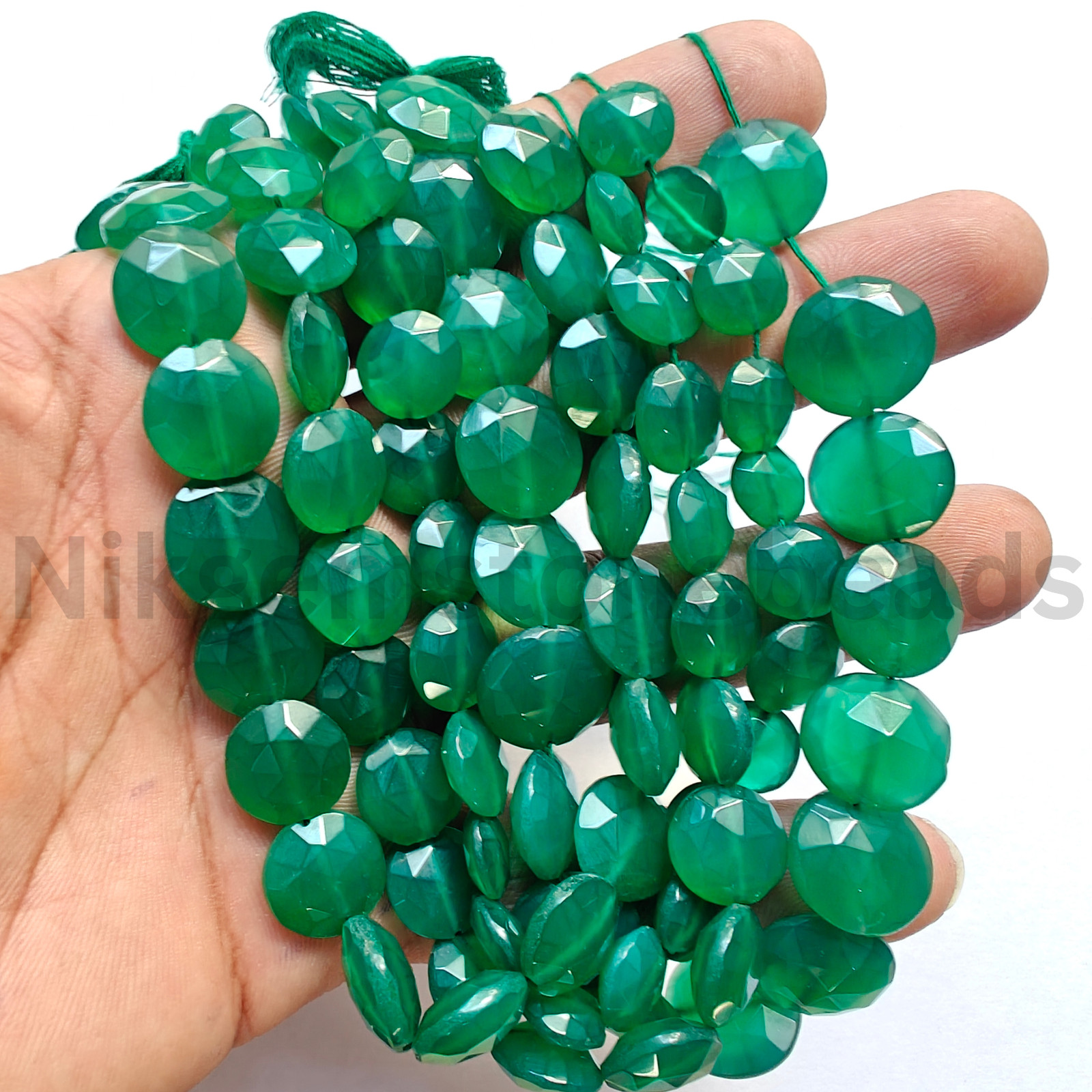 Natural Green Onyx Gemstone, Briolette Faceted Coin Cut Beads, 11.00-12.00 MM.