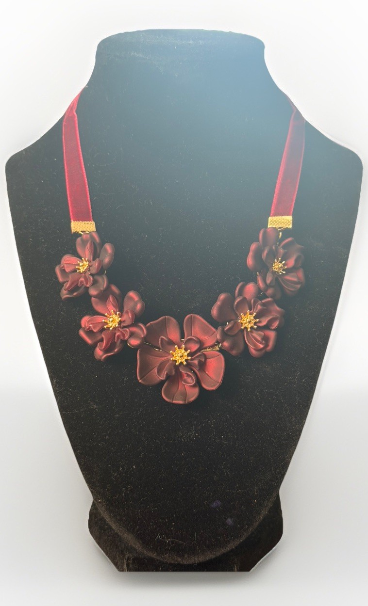 I Am Red Burgundy Flower Necklace And Earrings Gold Tone Jewelry Set New Gift
