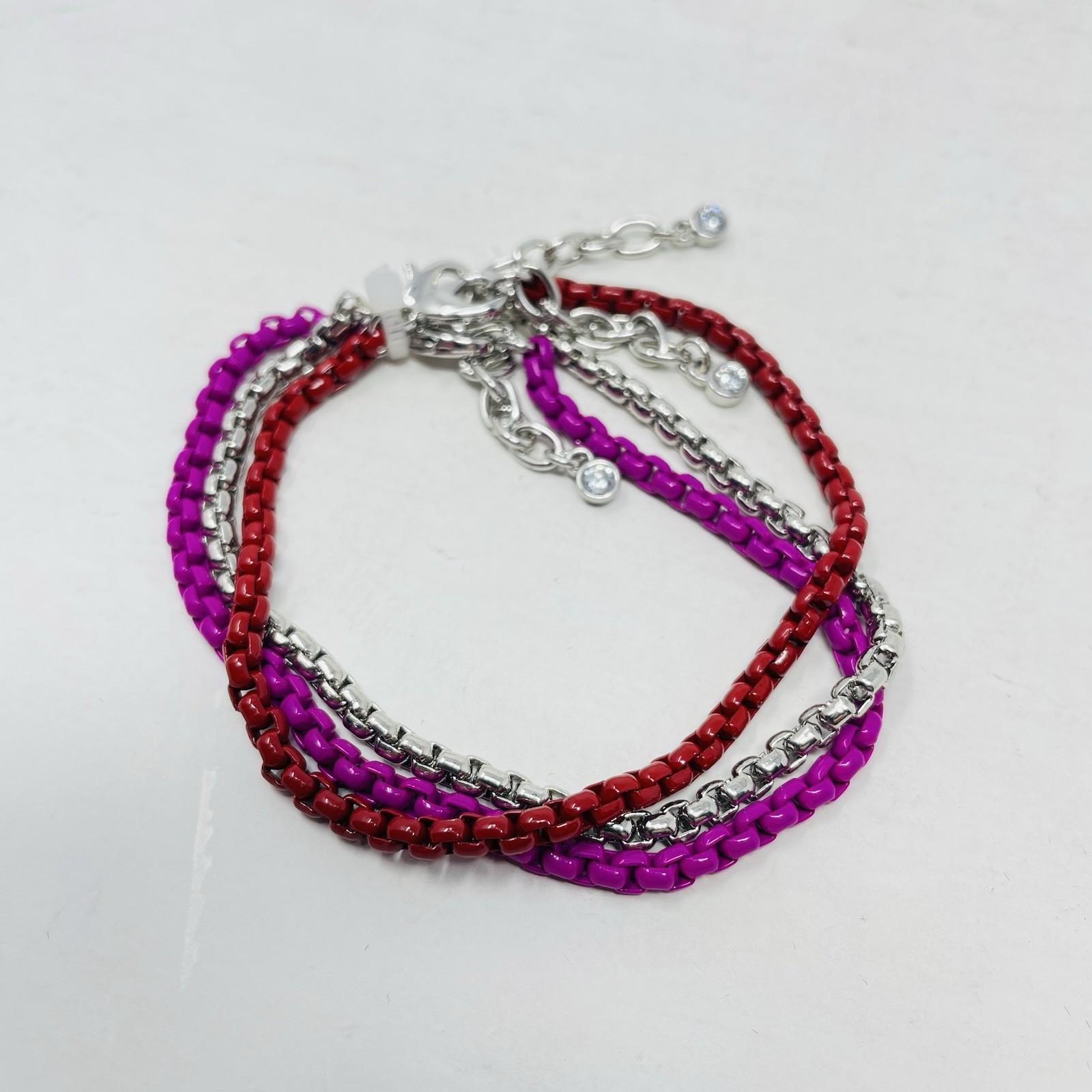On 34th Womens 3 Piece Set Color-Coated Link Bracelets in Red/Pink/Silver