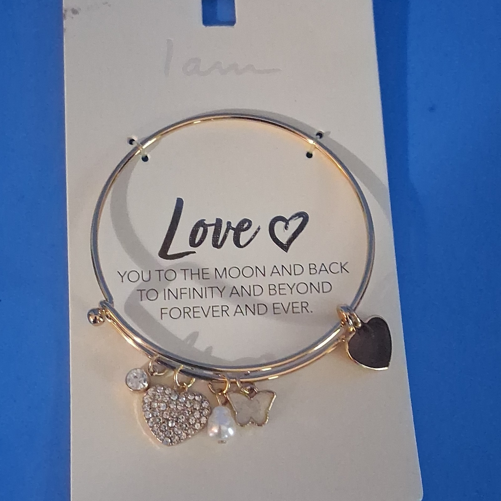 Gold Tone Love Charm Bangle Bracelet Heart Clear Crystal Butterfly Pearl Dangles