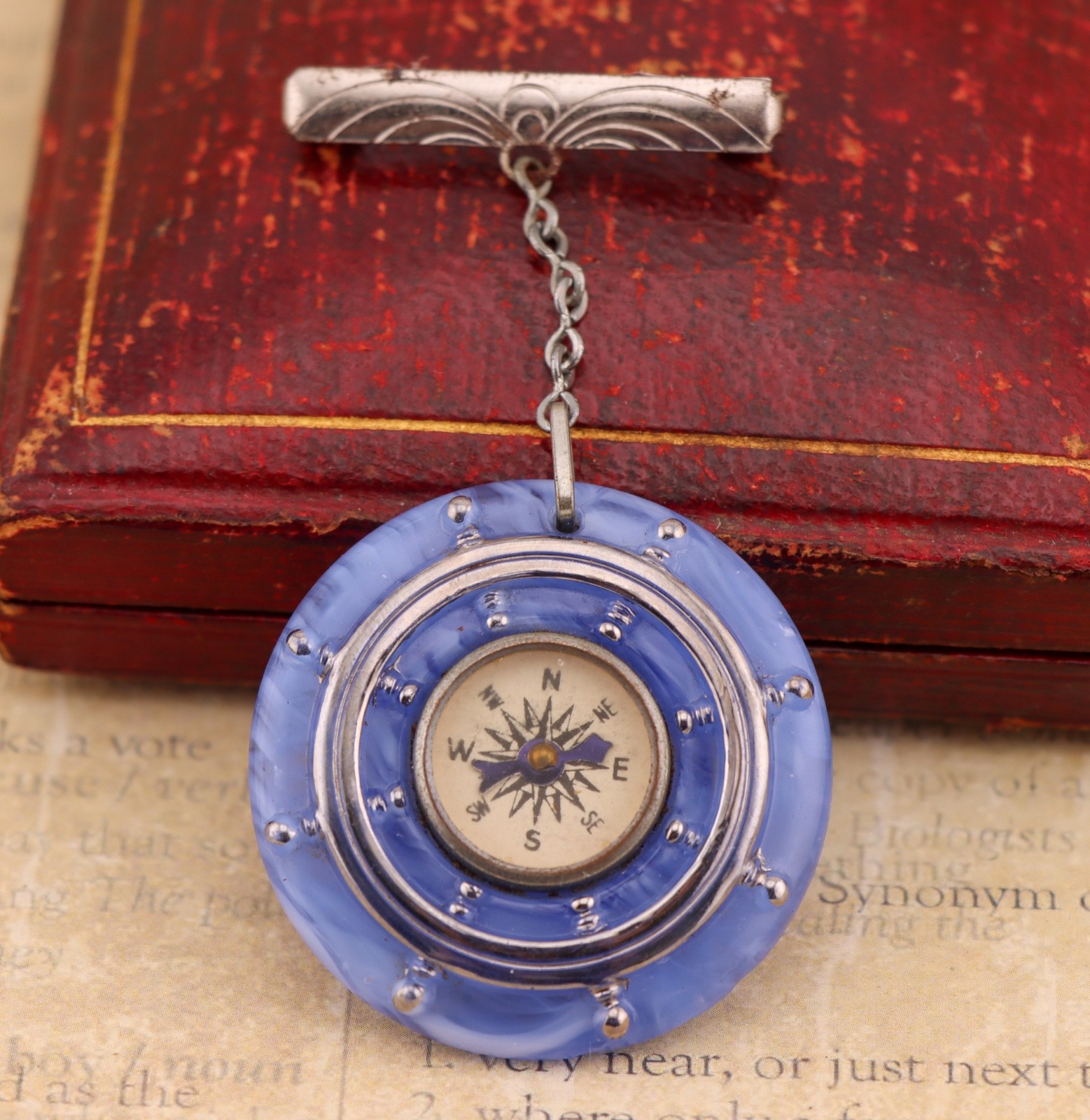 NAUTICAL COMPASS BROOCH vintage blue marbled glass novelty fob style c1920s 1930