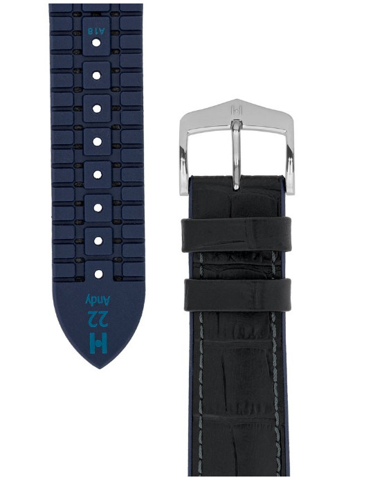 18mm Hirsch ANDY Calf Skin & Premium Caoutchouc Black & Blue Watch Strap