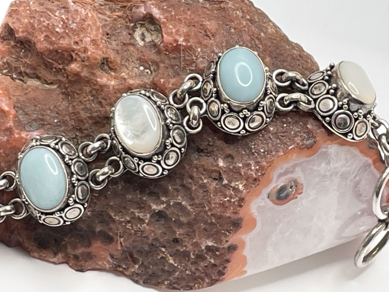 BA Suarti BALI Indonesia Sterling Silver Blue White Stones Link Bracelet 54 Gram