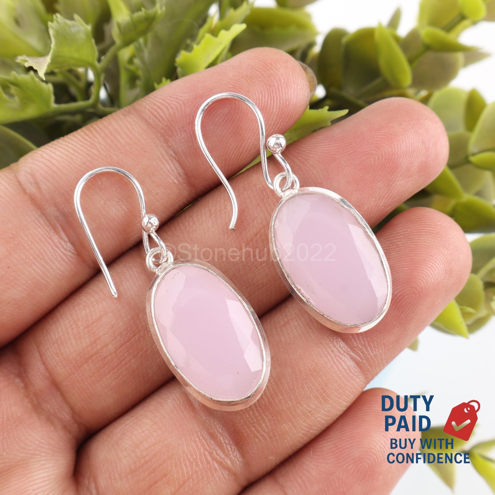Oval Natural Pink Chalcedony Sterling Silver Sister Drop Channel Set Earrings