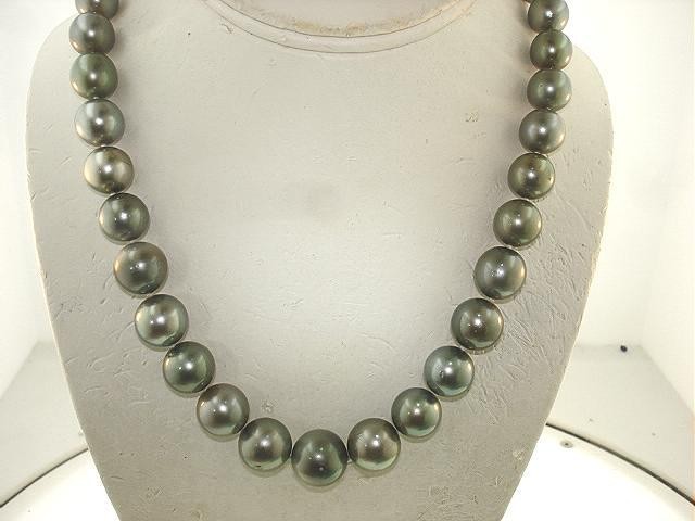 10.2MM-14.2MM GRADUATED “B” TAHITIAN BLACK PEARL 14K YELLOW GOLD NECKLACE 17.5″