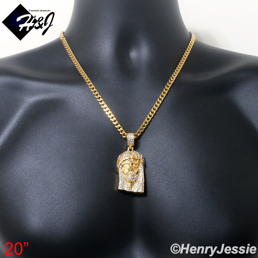 18″-40″MEN Stainless Steel 5mm Gold Plated Cuban Chain CZ Jesus Face Pendant*150