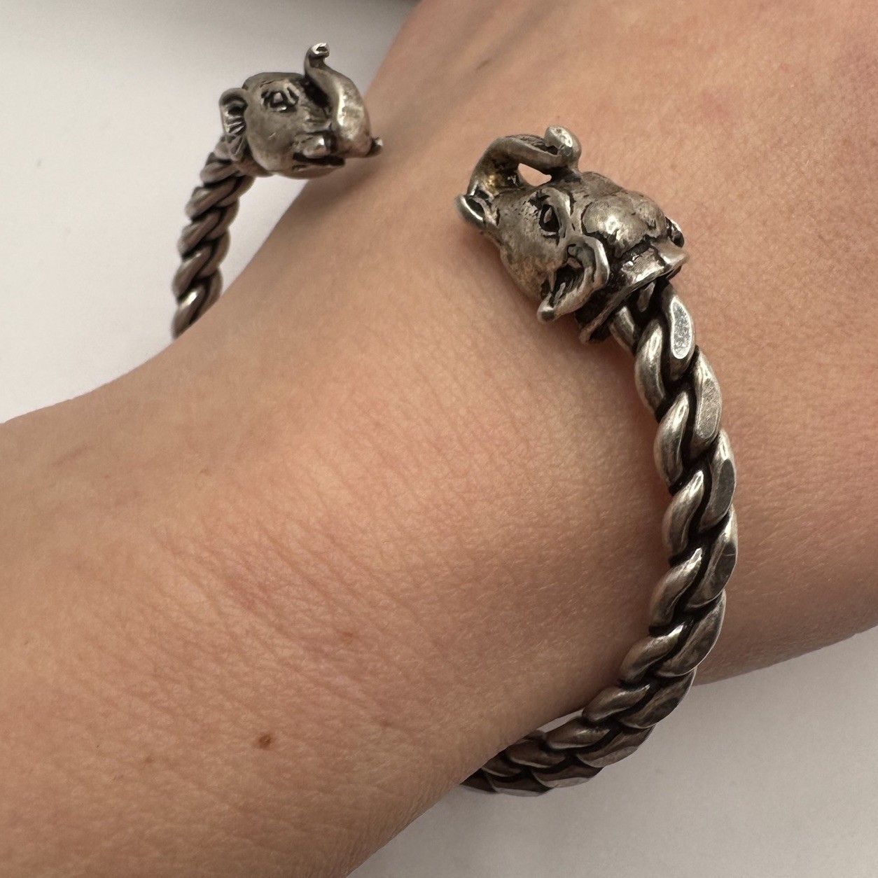 Sterling Silver Elephant Head Cuff Bracelet Open Ended Braided Bangle 39 grams