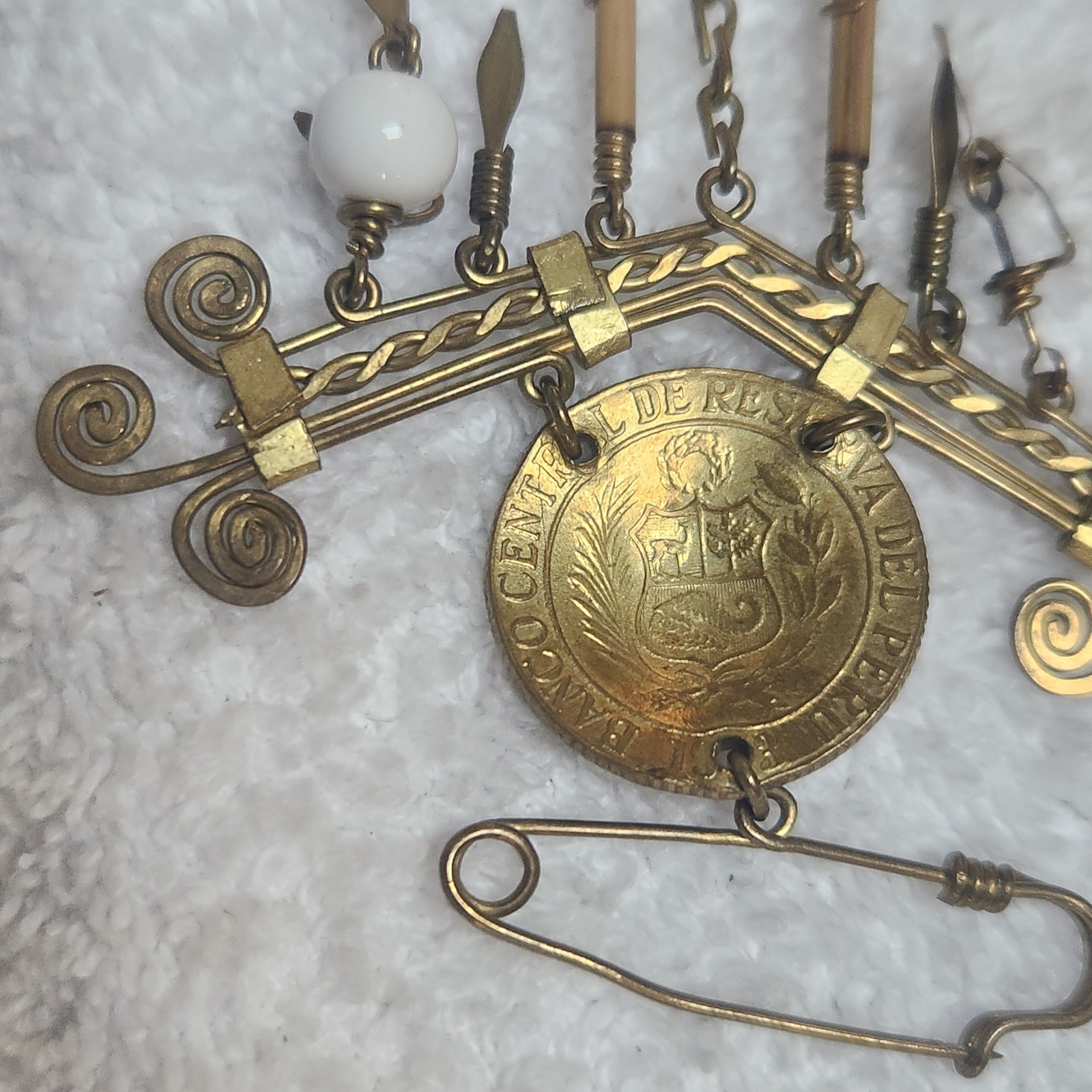 Vintage Peruvian Coin Brooch Brass Folk Art Sol De Oro Dangle Pin Peru Jewelry