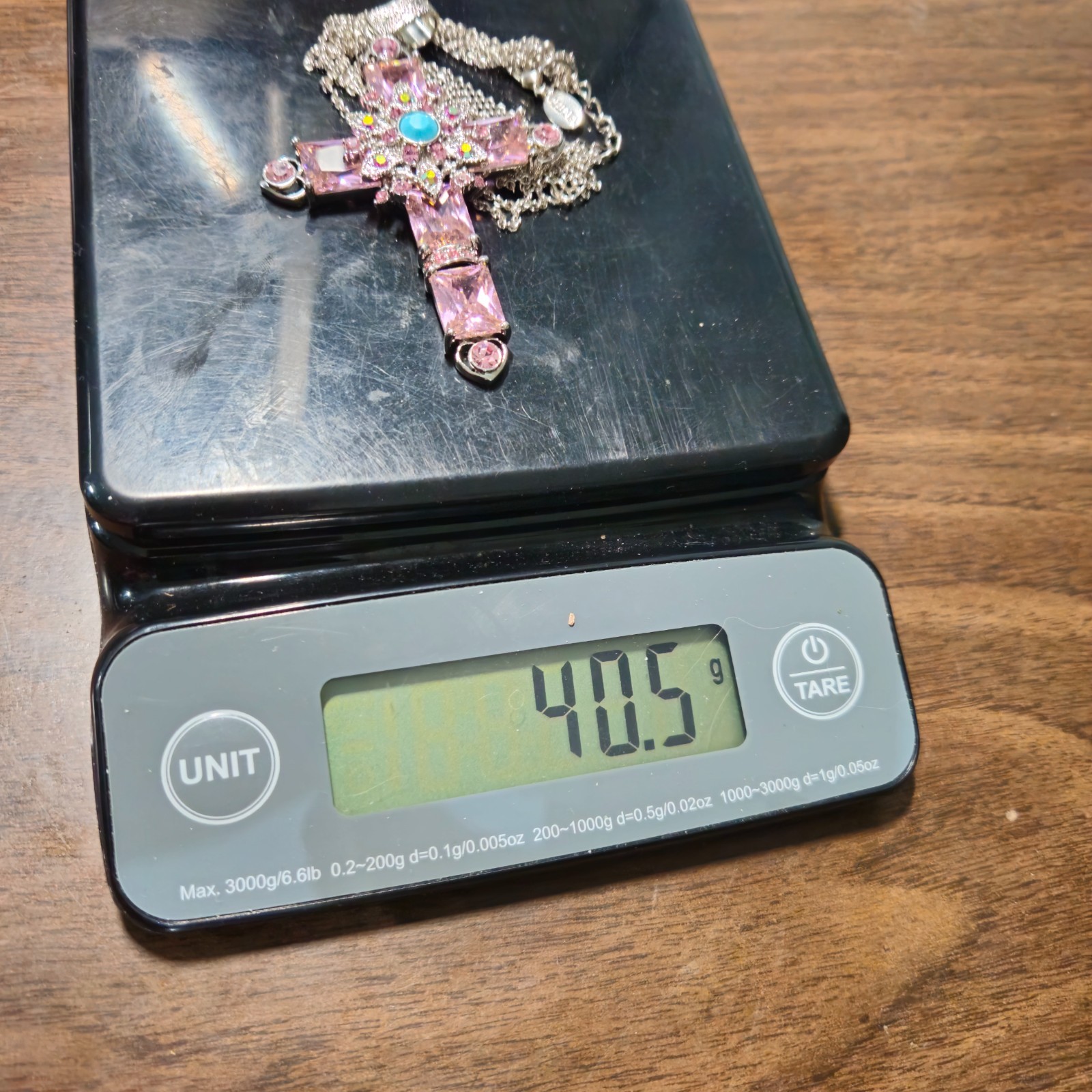 Silver tone Pink & Blue Rhinestone Cross Necklace Religious Christian 12″ 40g