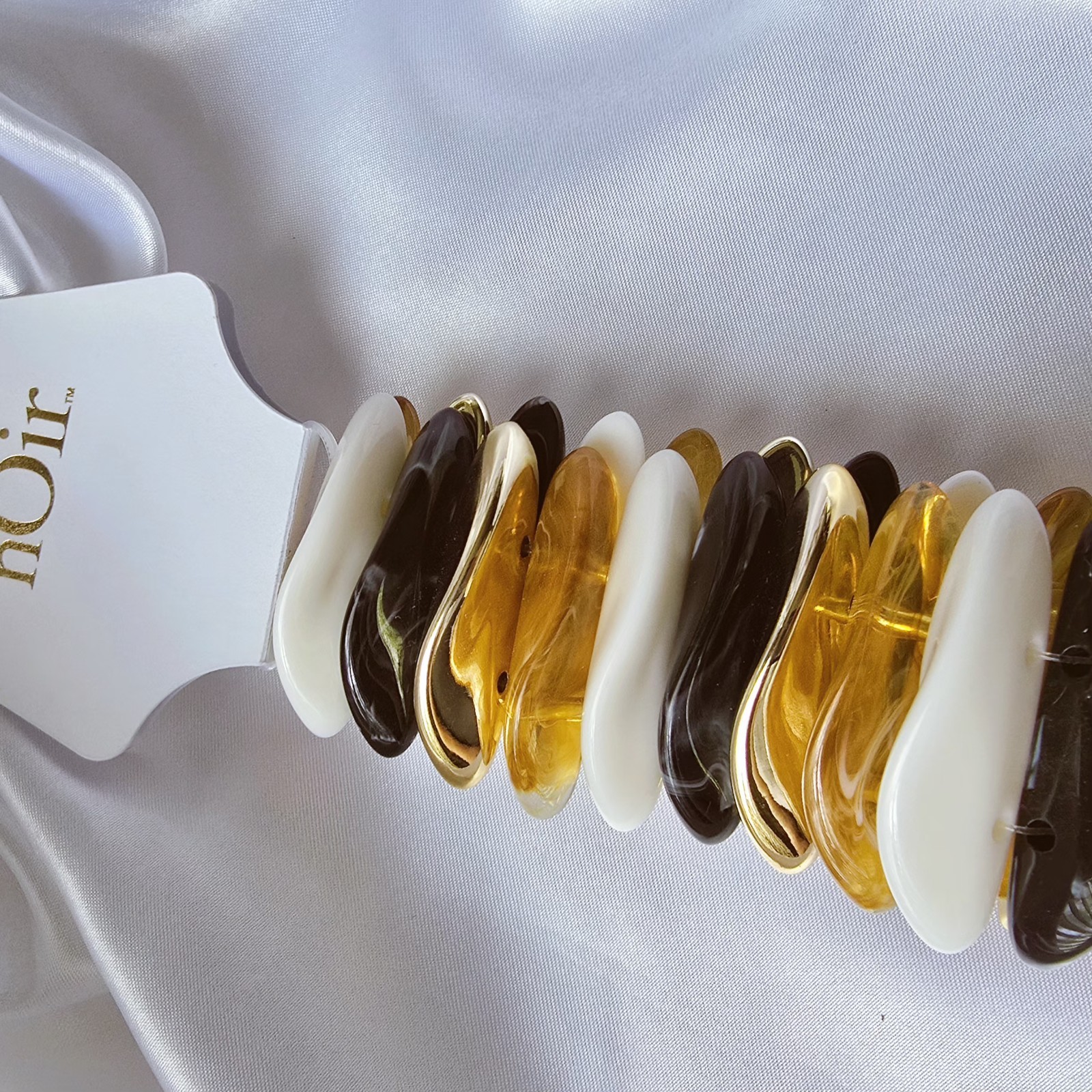 nOir Beaded Statement Stretch Bracelet, Gold White Brown Yellow, Art Theme