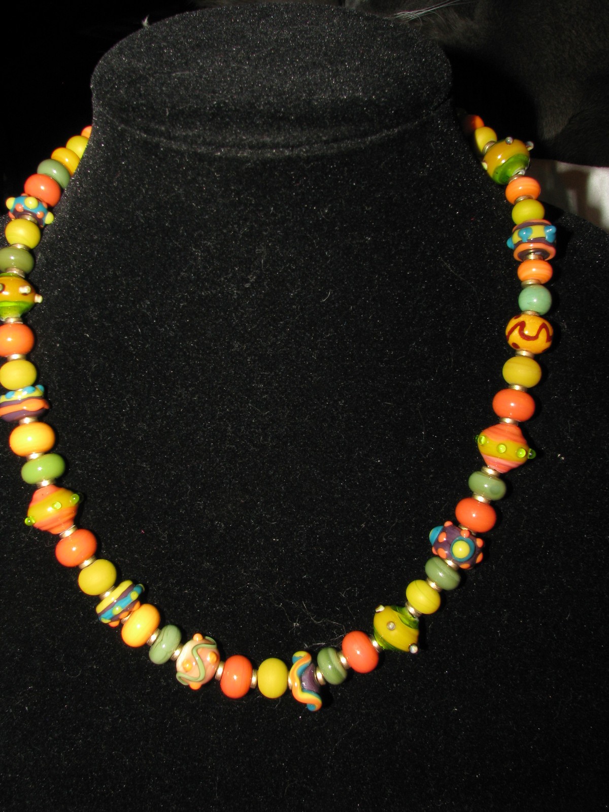 Handmade Art Glass Chunky Orange, Yellow & Green Beaded 20″ Necklace