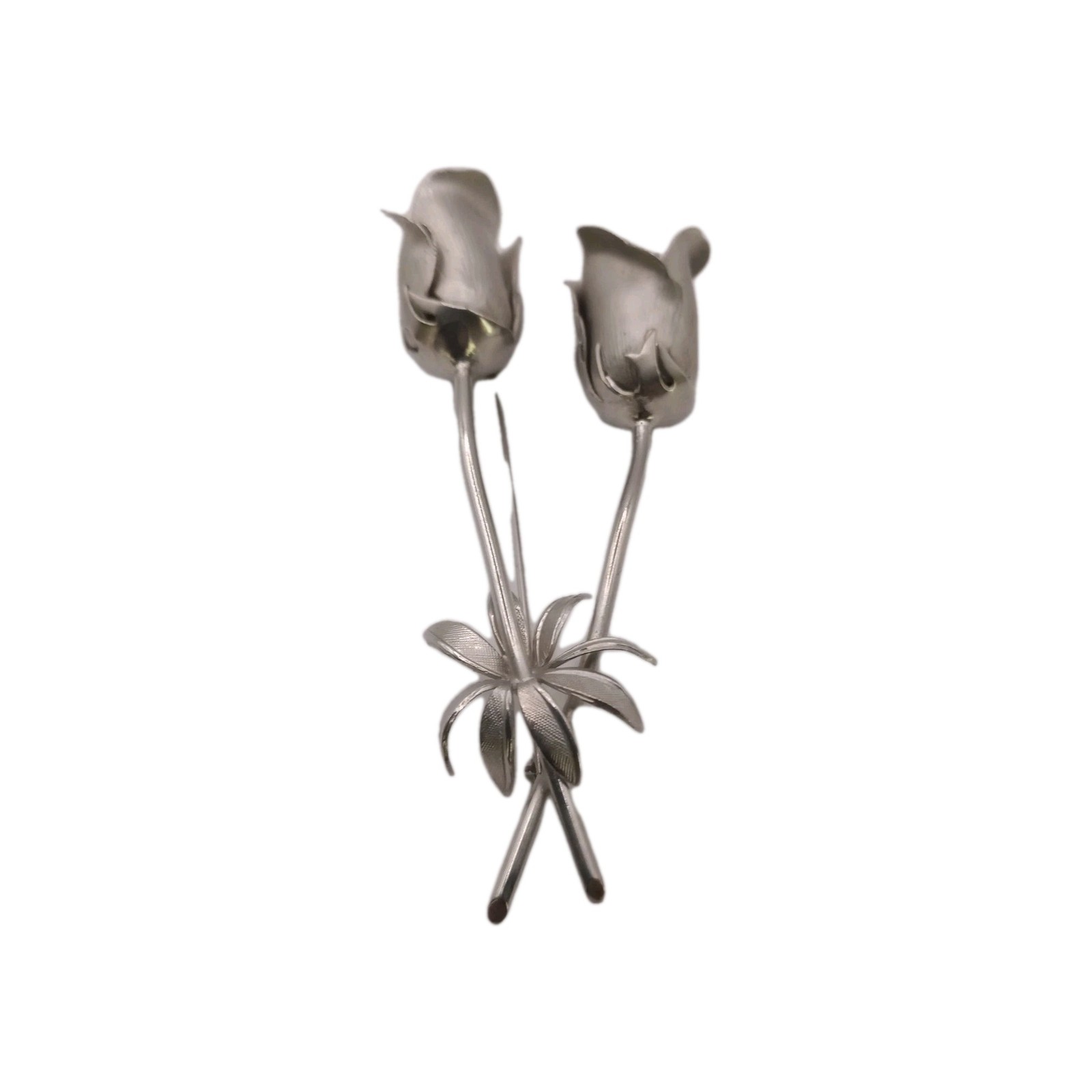 Vintage Giovanni Silver Tone Double Rose Bud Brooch 1960s Pin 3 by 1 1/4 in