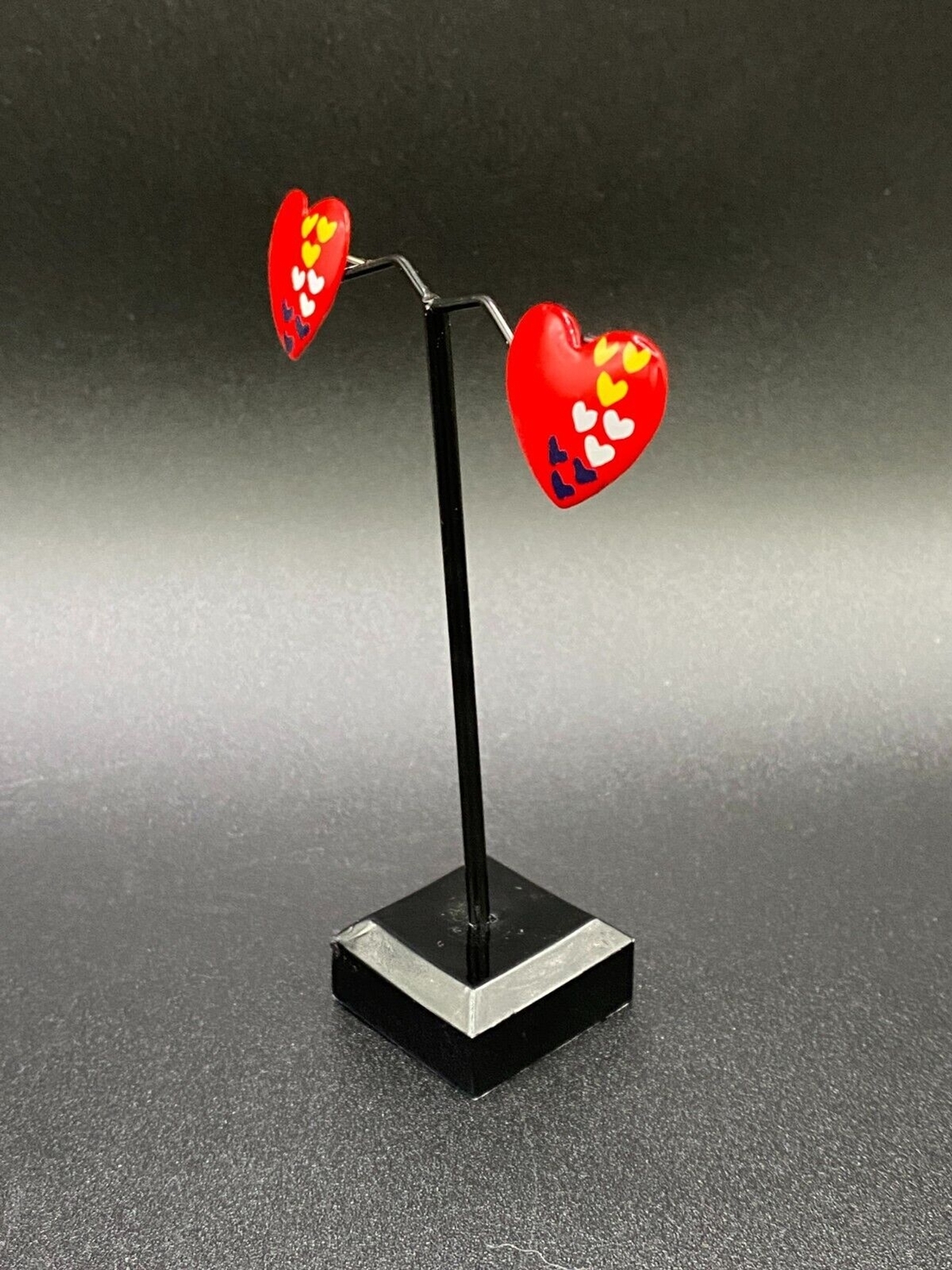 Red Yellow White and Black Enamel Heart Earrings VINTAGE