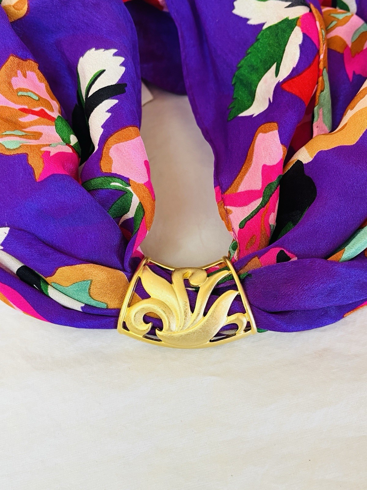Vintage Scarf Slide Ring with Floral Design Gold Tone