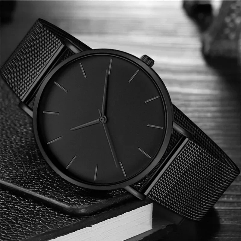 Men Quartz Blackout Watch – Minimalist Ultra Thin Stainless Steel Watch