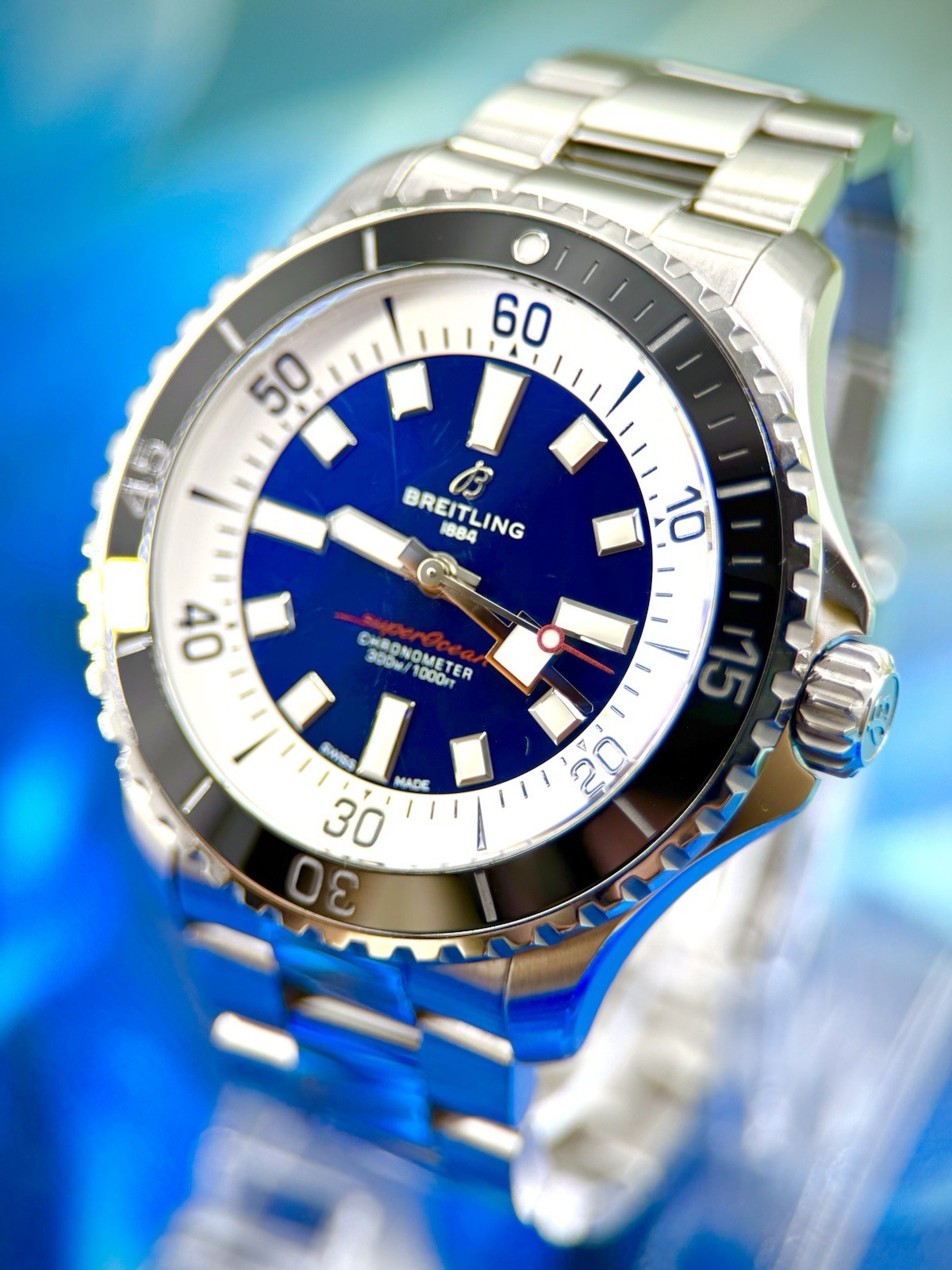 Breitling Superocean Automatic 44 300m Blue Dial Steel Bracelet Box Papers