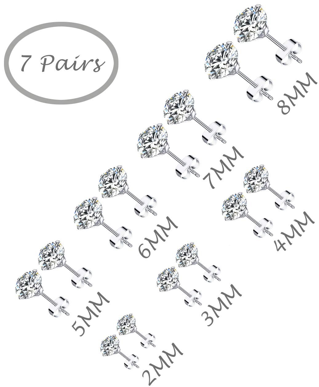 Tornito 7 Pairs 20G 2mm, 3mm, 4mm, 5mm, 6mm, 7mm, 8mm, B:7 Pairs, Silver Tone