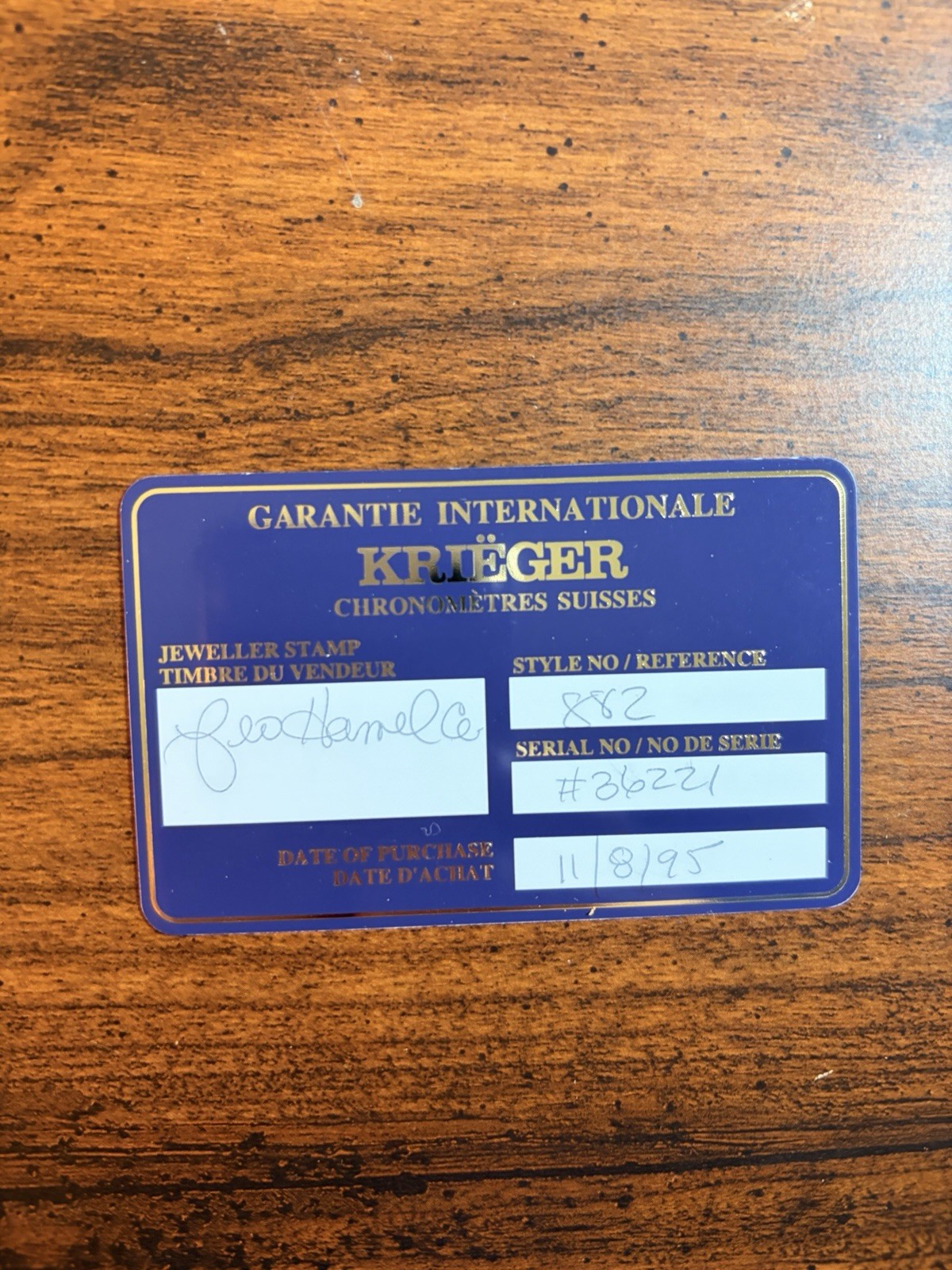 Krieger Quartz Chronometer Watch #036221 with Box & Certificates