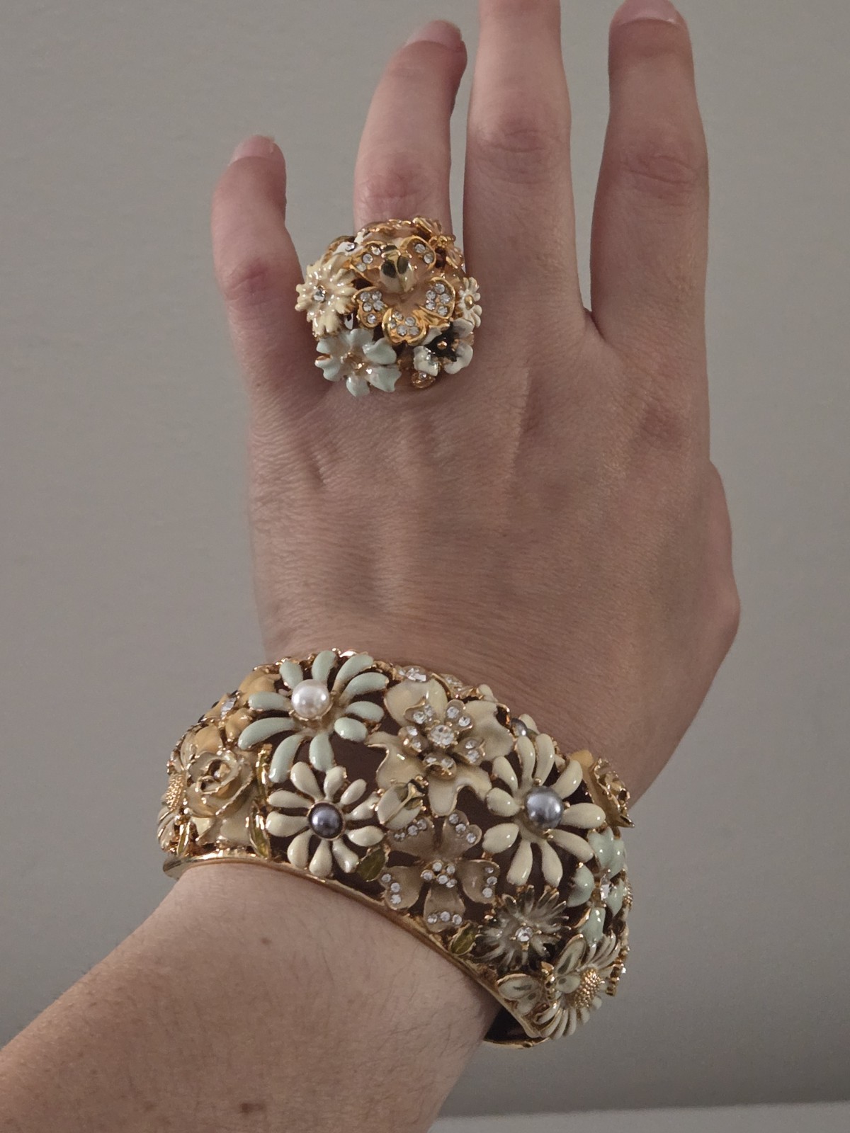 Kenneth Jay Lane Garden Party Floral Cuff Bracelet Ring Set Swarovski Crystal
