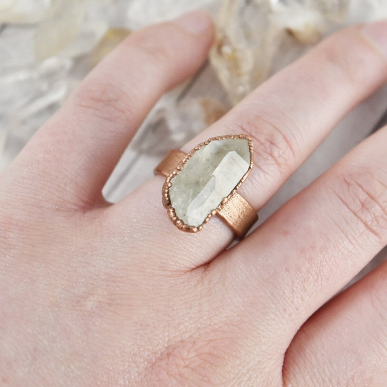 Size 8 Raw Crystal Ring, Natural Quartz, Antique Copper, Boho Statement Jewelry