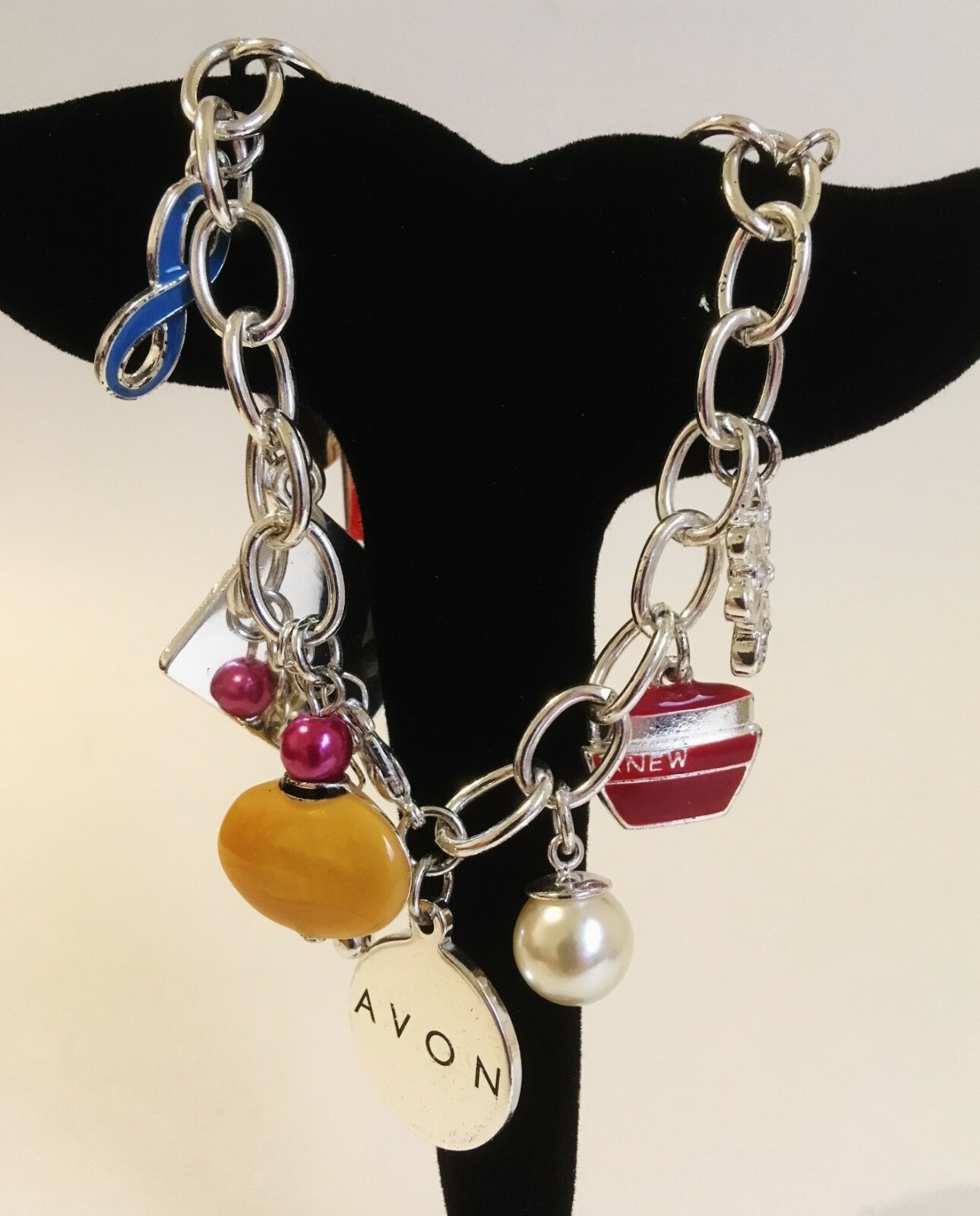 Avon 12 Charms Bracelet Silver Metal Link Chain 125 Years Anniversary Lipstick