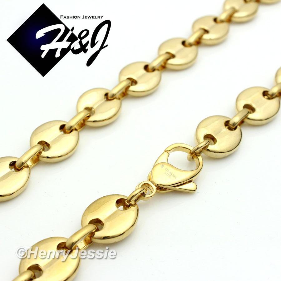 8.5″Men Women Stainless Steel 10x3mm Gold Plated Puffed Mariner Chain Bracelet
