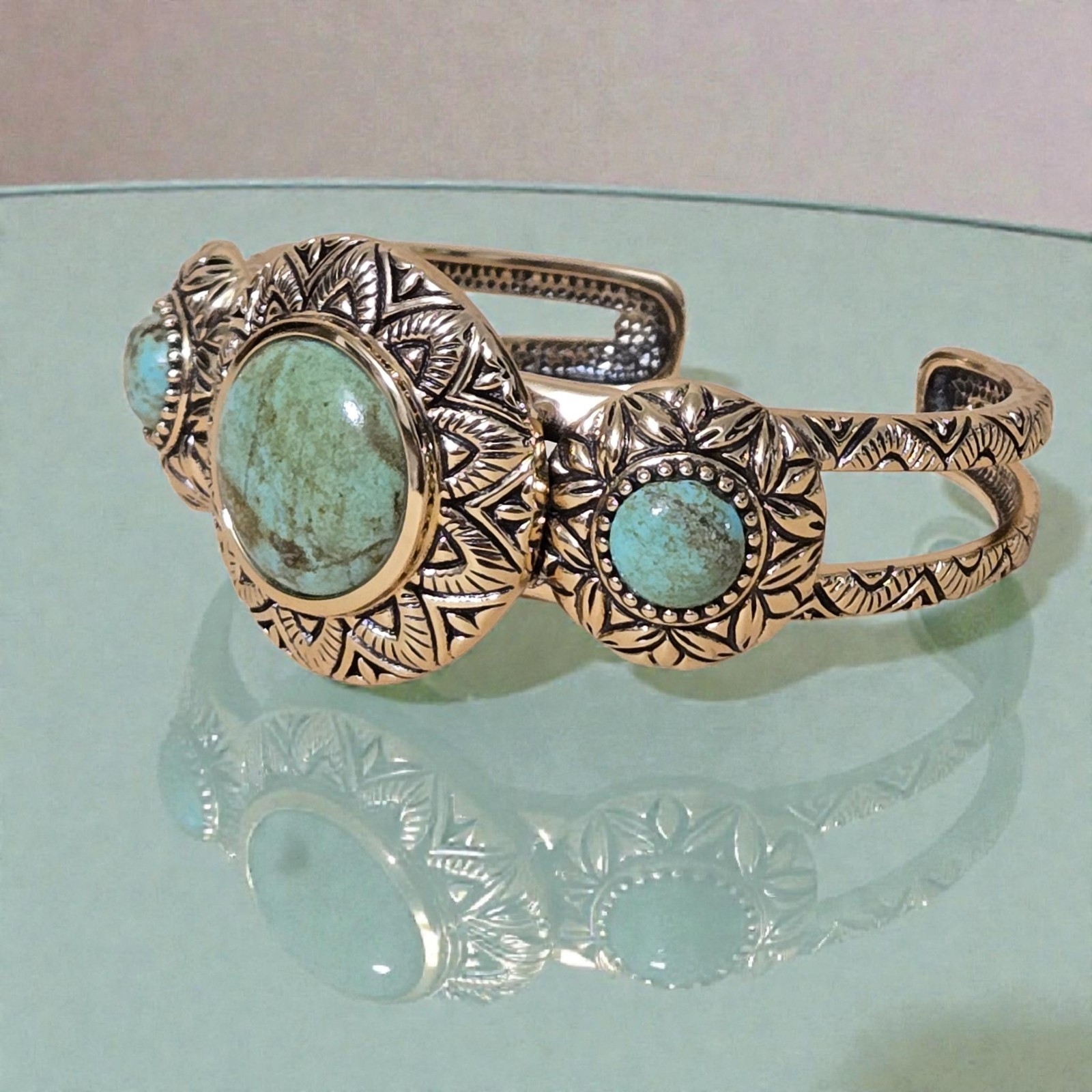 Barse Studio Gold Bronze 3 Turquoise Cuff Bracelet Southwest Jewelry Mayan
