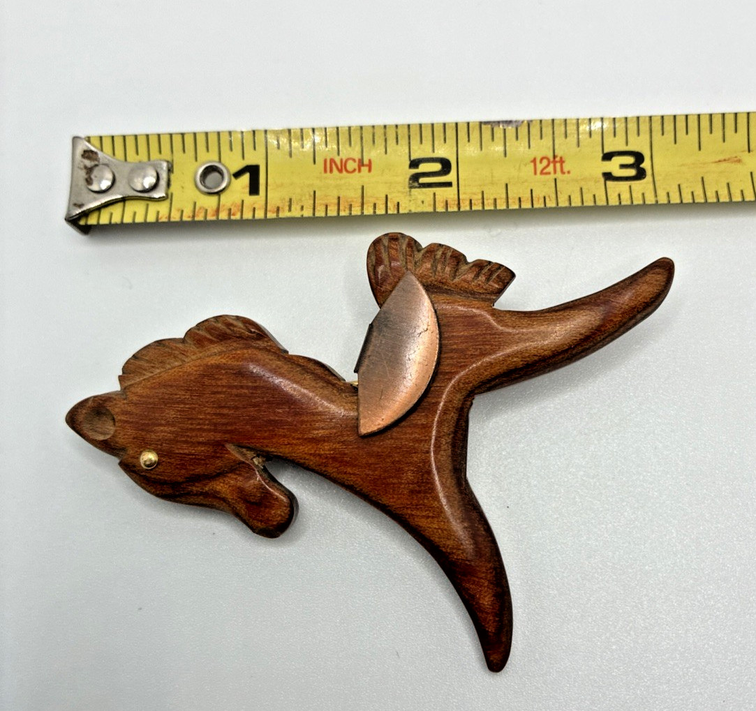 Vintage Pony Horse Brooch Hand Carved Copper Saddle Western Equestrian Pin