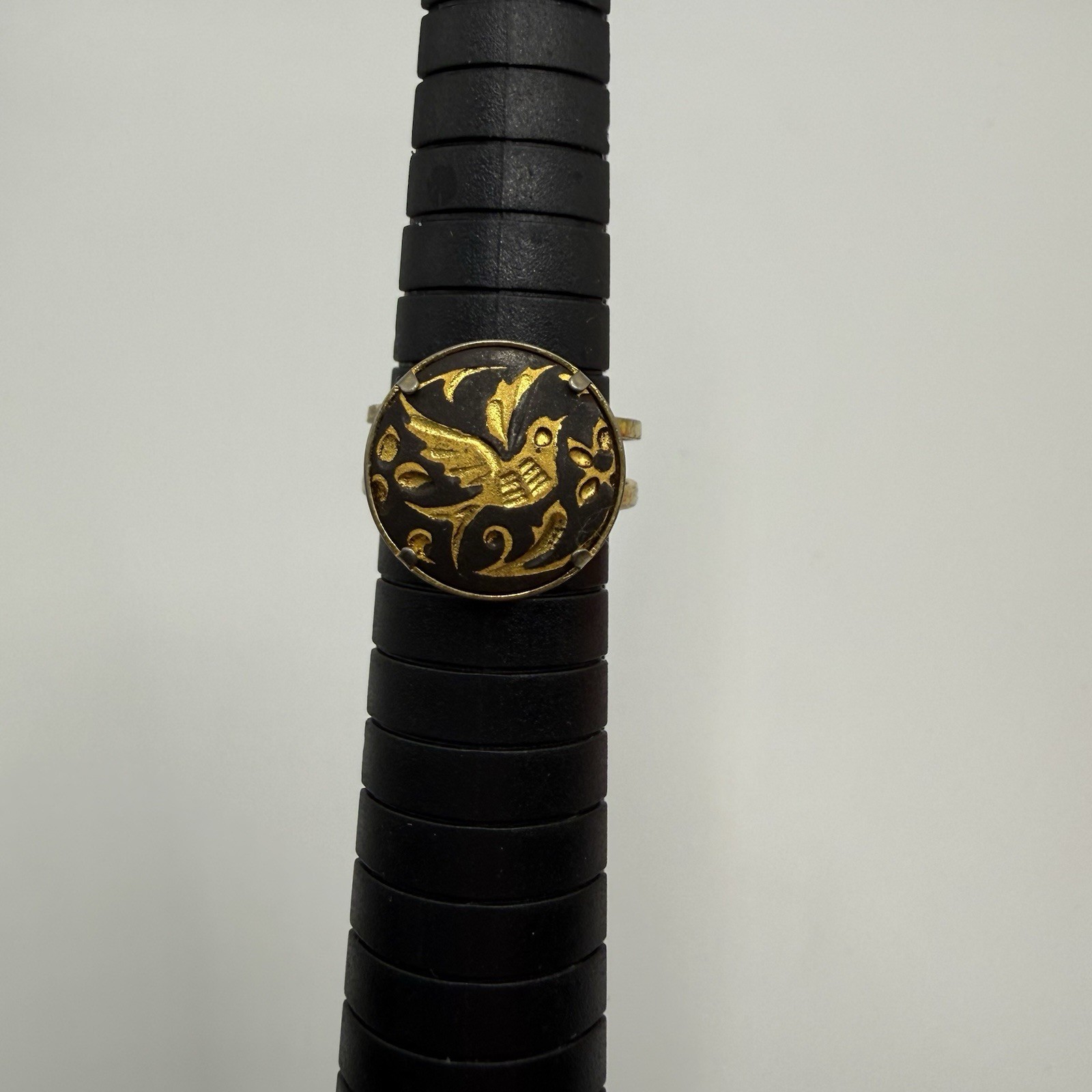 Vintage Toledo Damascene Bird Ring Gold Inlay Adjustable Statement Band