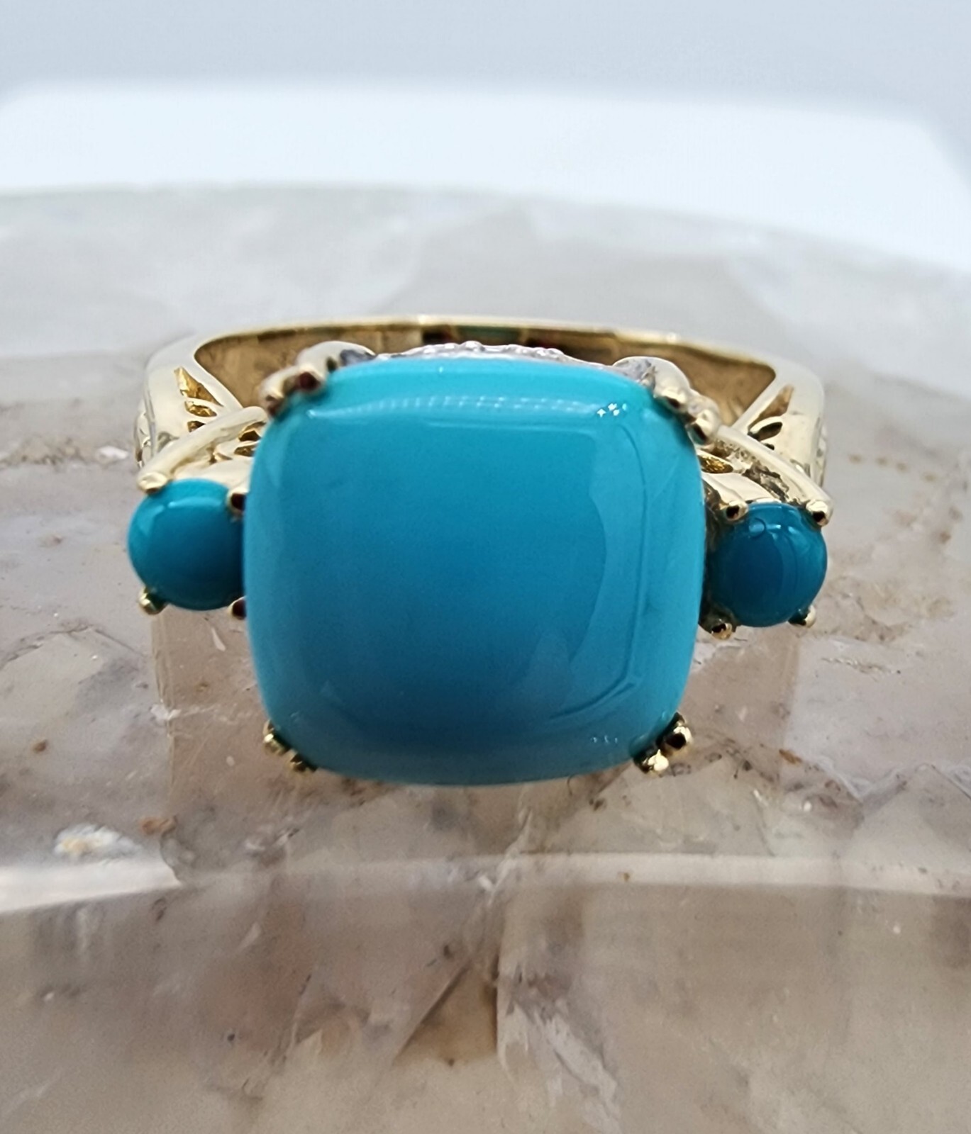 14k .585 Yellow Gold Effy Cushion Turquoise .06 ctw Diamond Sz 7 Ring Au 23231