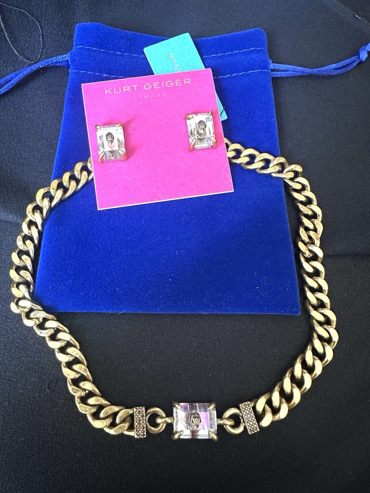 Kurt Geiger Jewelry Set/Necklace Earrings/Eagle Head/ Brass/ Cear Crystal