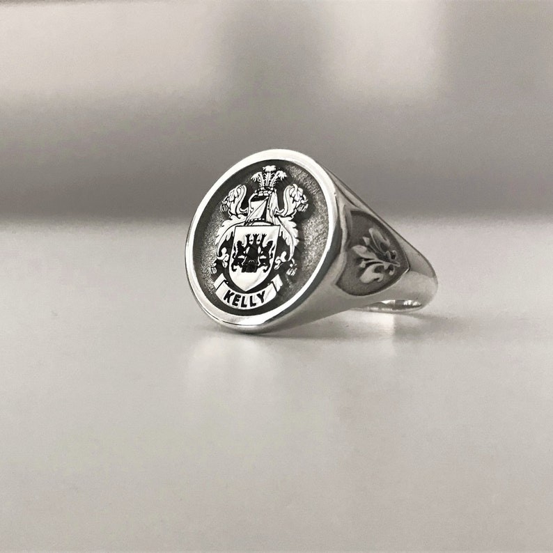 Custom Silver Signet Ring Family Crest Coat of Arms Fleur-de-Lis Gift Men