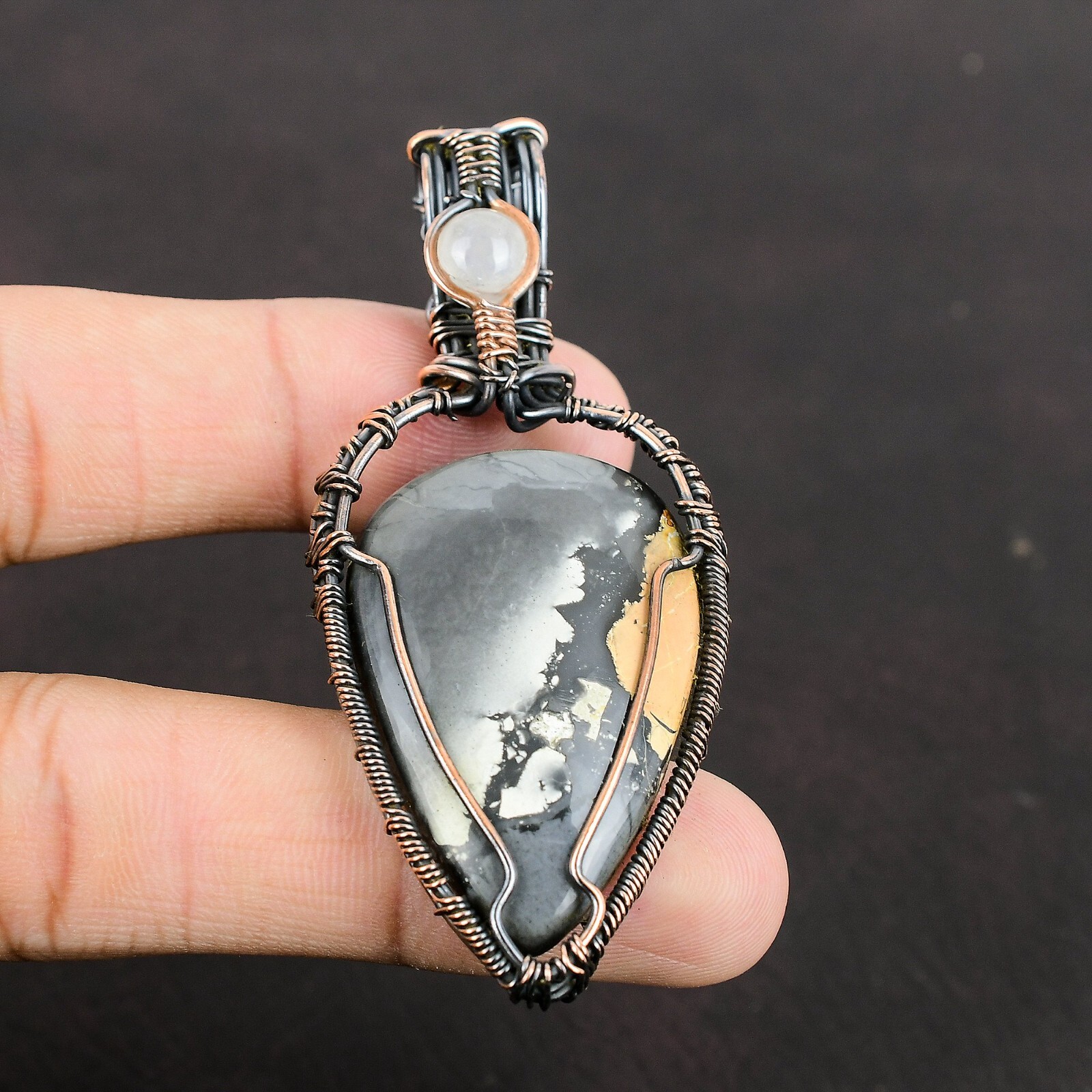 Maligano Jasper Gemstone Jewelry Copper Mother Gift Wire Wrapped Pendant 2.91″