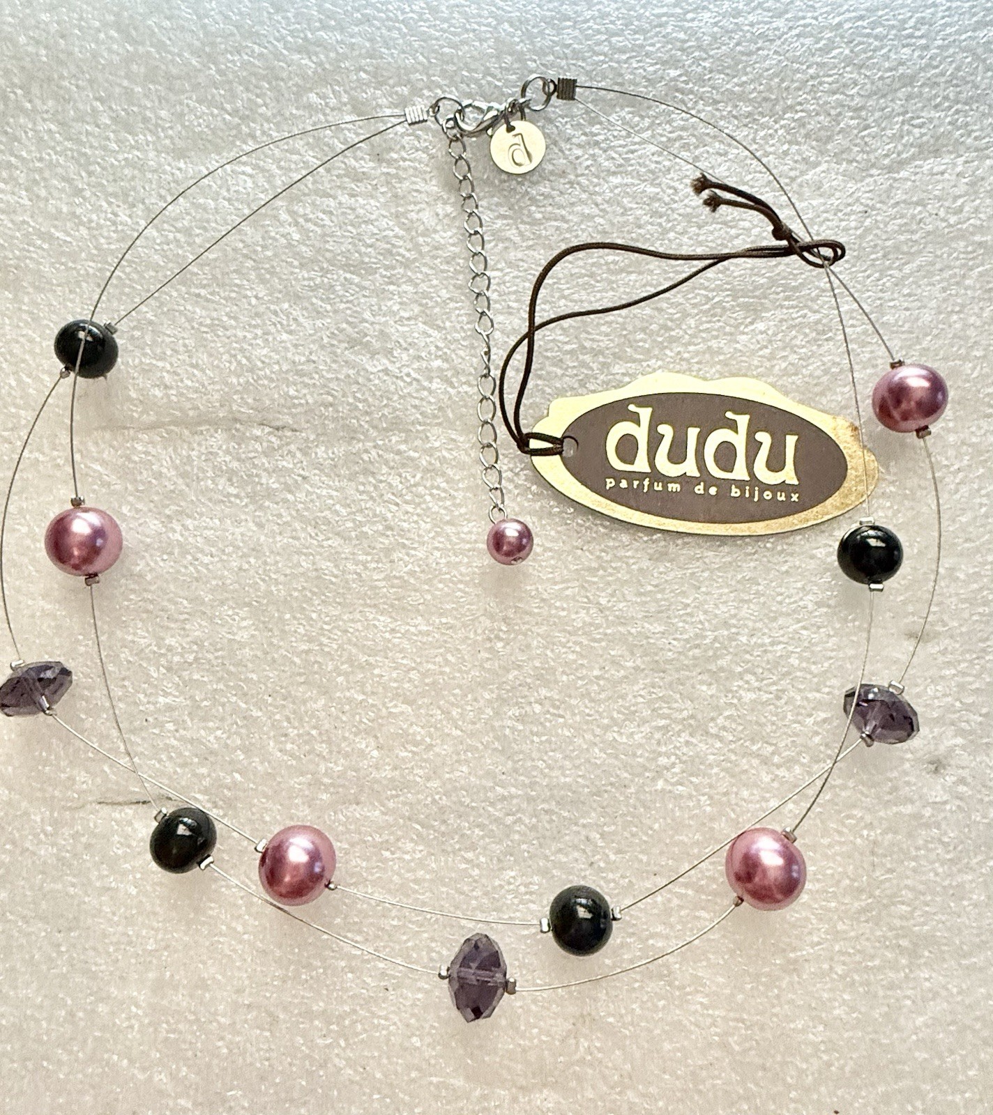 New DUDU Parfum DeBijoux Illusion Glass Pearl & Crystal Purple/Pink 16” Necklace